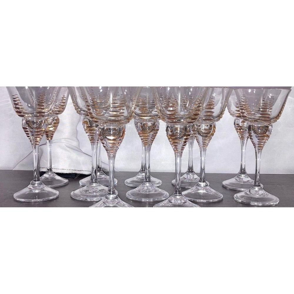 Vintage Gold Decorated Cordial Glasses Set of 12 Optic Spiral Stem Cocktail Bar
